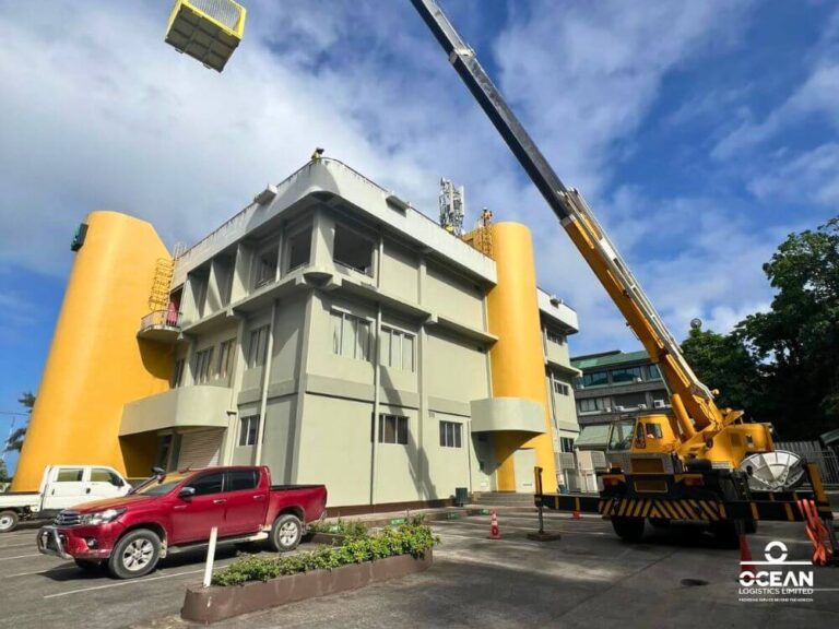 Refurbishing National Bank of Vanuatu's headquarters with our Ocean Logistics Limited's crane lift.
