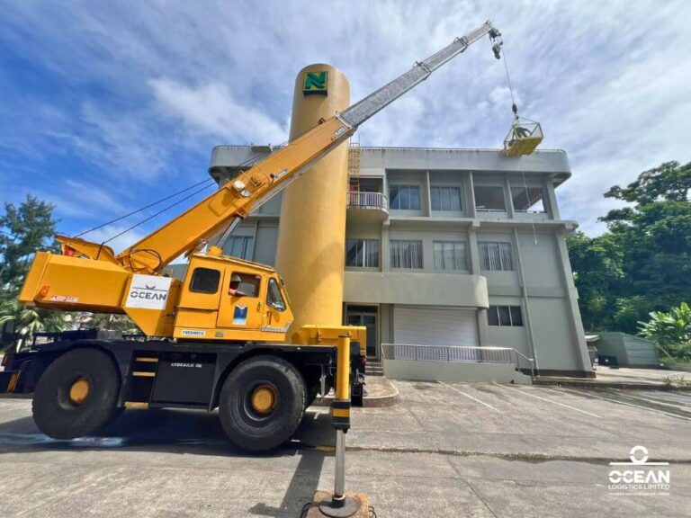 Refurbishing National Bank of Vanuatu's headquarters with our Ocean Logistics Limited's crane lift.