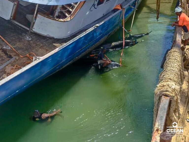 Ocean Logistics Team working on to bring back SV Blue Gold to deep waters. This happened at Sunae Village, Moso Island.