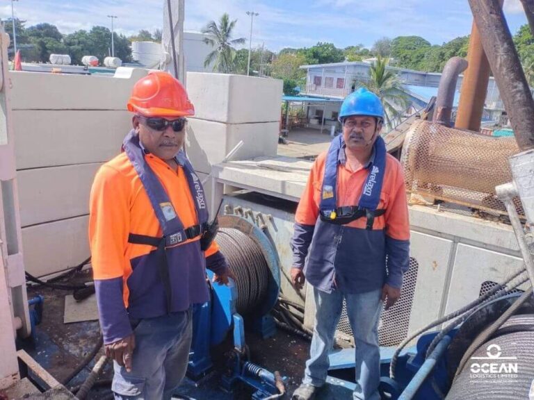 Jitendra Lal Sharma, the Site Manager and Crane Operator at Ocean Logistics Limited, along with his son Shail, supported the McConnell Dowell team in advancing the construction of the new Mala Base Wharf.